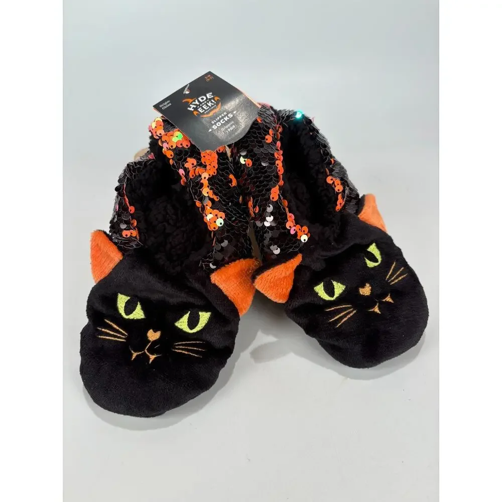 NWT Halloween Cat Slippers Gripers Pumpkin AD S/M 5-7 Kitty Socks CH 5 6 7
